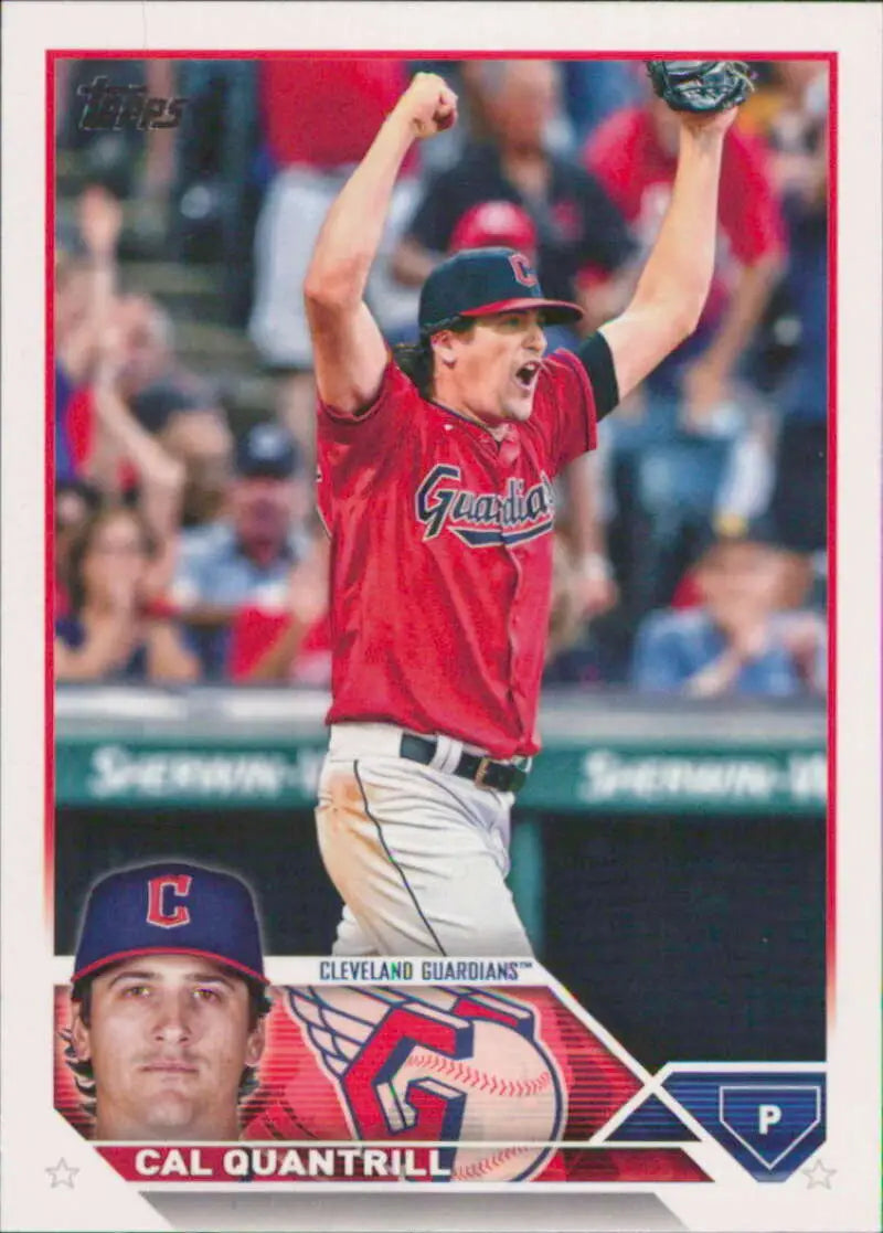 Cal Quantrill celebrating with raised arms in red jersey on Cleveland Guardians baseball card