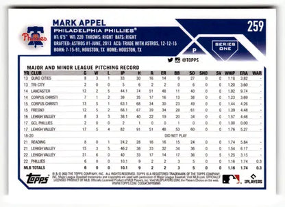 2023 Topps #259 Mark Appel NM Near Mint RC Rookie Phillies ID:49640 - Trading Card