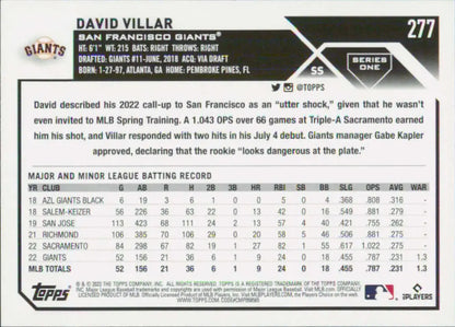 David Villar baseball card showcasing statistics with San Francisco Giants 2023 Topps #277