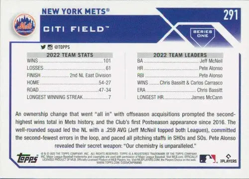 2023 Topps #291 New York Mets NM-MT ID:57960 - Trading Cards