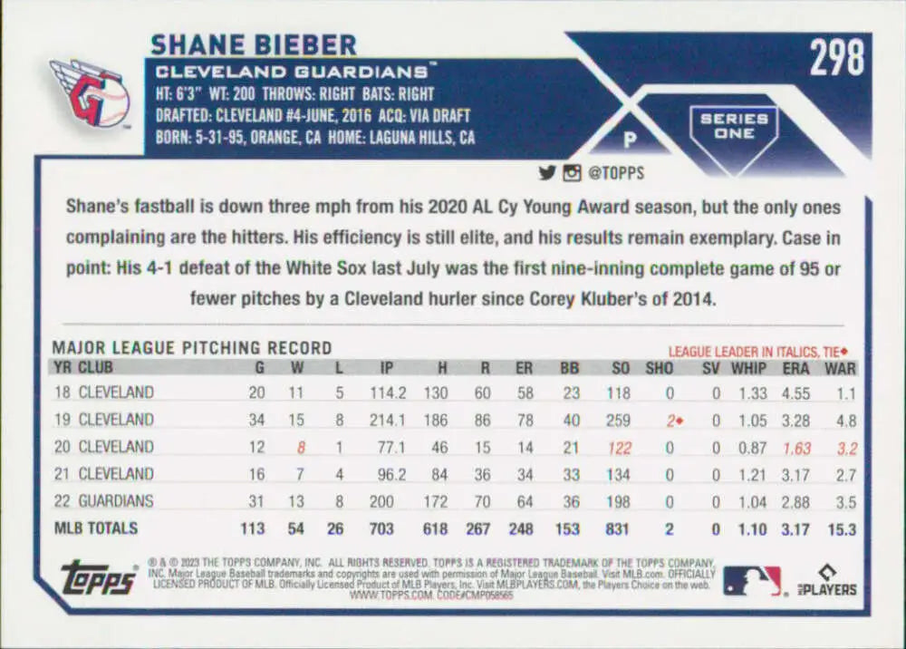 2023 Topps Shane Bieber Cleveland Guardians baseball card NM-MT product shot