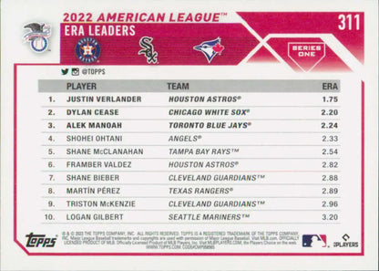 Baseball card featuring 2022 AL ERA leaders Alek Manoah, Justin Verlander, and Dylan Cease