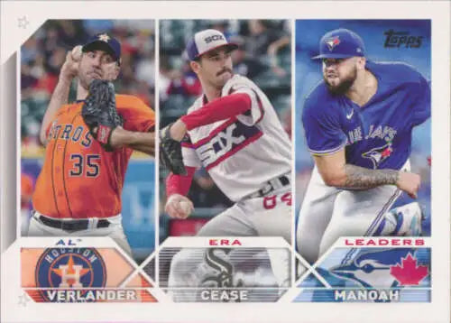 Baseball card featuring Alek Manoah, Justin Verlander, and Dylan Cease in original gloss
