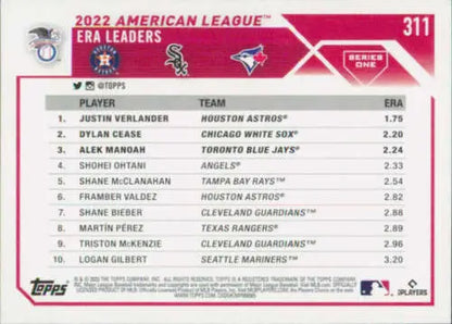 2023 Topps #311 Baseball card featuring Alek Manoah, Justin Verlander, and Dylan Cease NM-MT