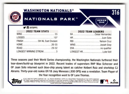 2023 Topps #316 Washington Nationals NM Near Mint ID:49555 - Trading Cards
