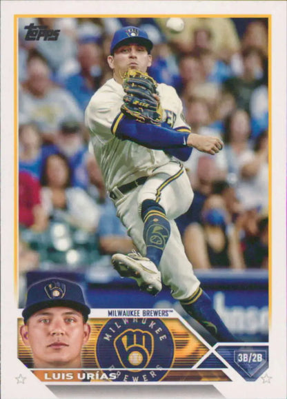 Baseball card of Luis Urias from the Milwaukee Brewers in mid-throwing motion