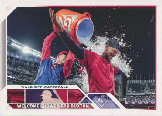 Baseball card of Byron Buxton from Minnesota Twins featuring celebratory Gatorade shower