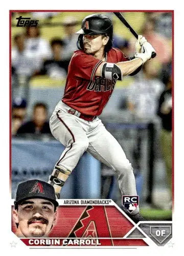 Baseball card featuring Corbin Carroll rookie Diamondbacks in batting stance with original gloss