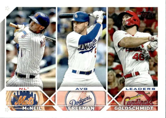 Baseball card featuring Paul Goldschmidt, Freddie Freeman, and Jeff McNeil batting