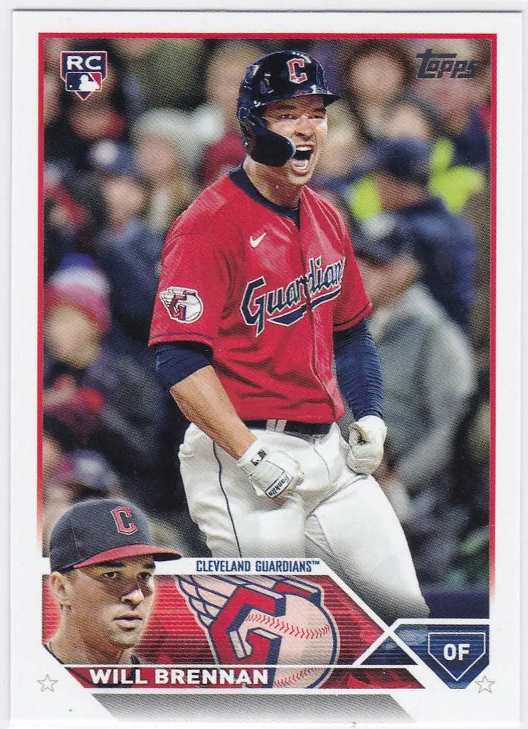 Baseball card of Will Brennan RC Cleveland Guardians in red jersey trading cards