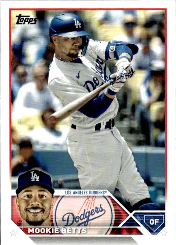 Topps baseball card of Mookie Betts in batting stance for Los Angeles Dodgers