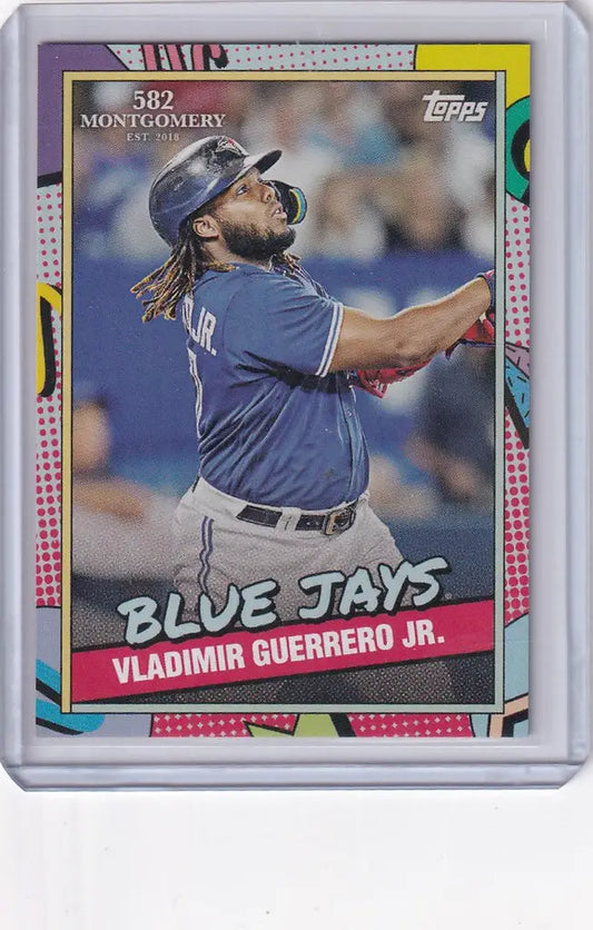 Baseball card of Guerrero Jr Toronto swinging bat from Montgomery Set 1 for Toronto Blue Jays