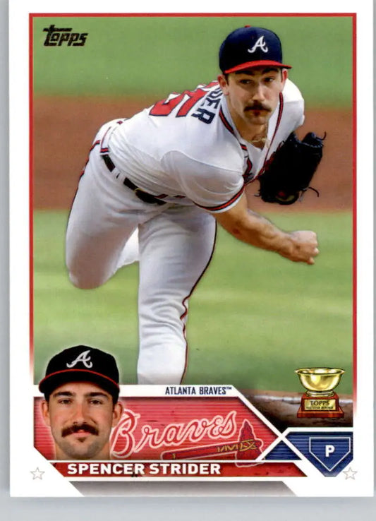 Spencer Strider mid-throw on a 2023 Topps Atlanta Braves baseball card