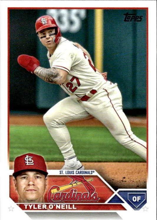 Baseball player Tyler O’Neill in white St. Louis Cardinals uniform on field