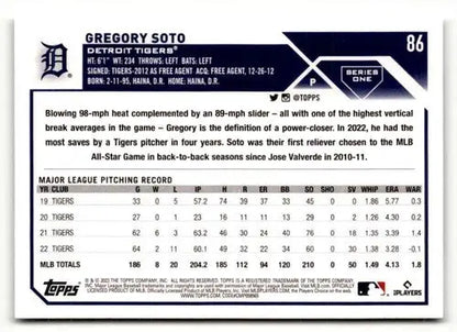 2023 Topps Gregory Soto baseball card back with original gloss and Simply Sandoval branding