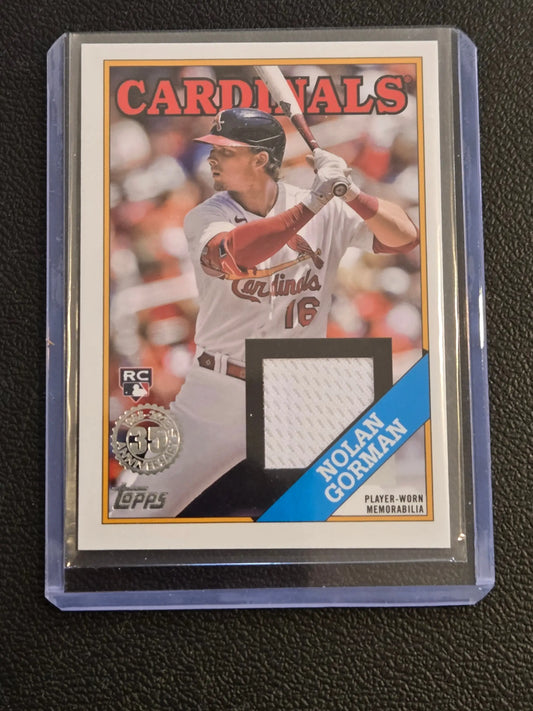 Nolan Gorman player-worn memorabilia baseball card from 2023 Topps #88R-NG Baseball 35th Anniversary