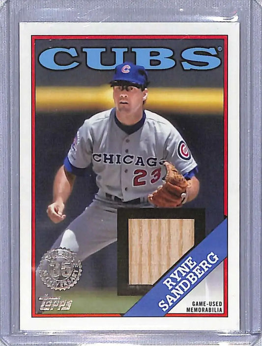 Baseball card of Ryne Sandberg in gray Cubs uniform with game-used bat piece, Topps Baseball 35th Anniversary