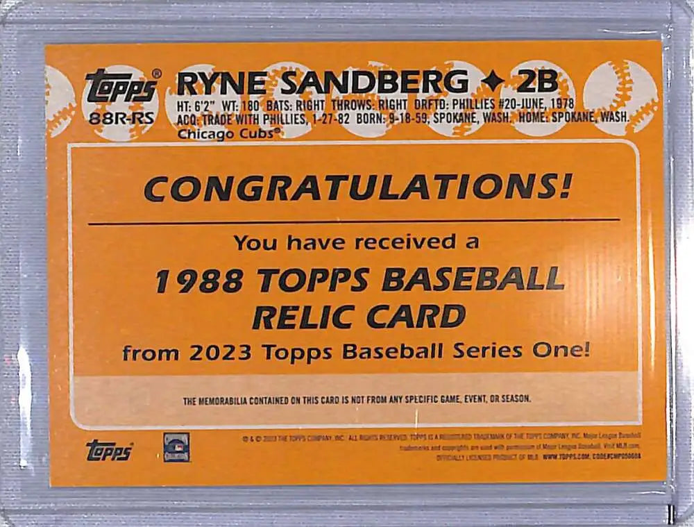 Orange congratulatory card insert for 1988 Topps Baseball Ryne Sandberg 35th Anniversary relic