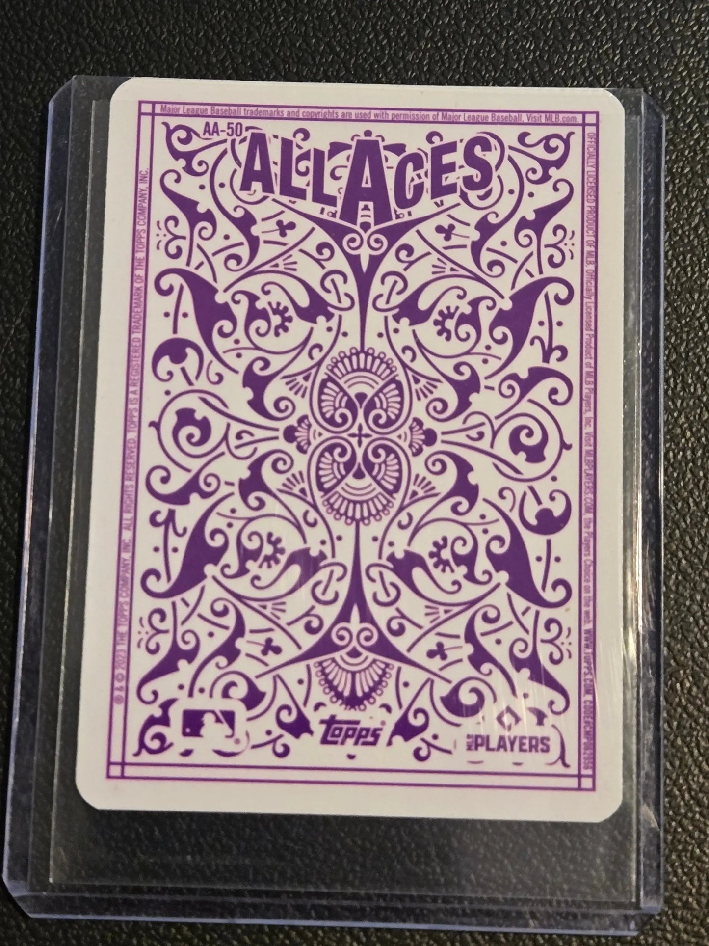 Purple-patterned playing card with ALL ACES text featuring Kevin Gausman from 2023 Topps