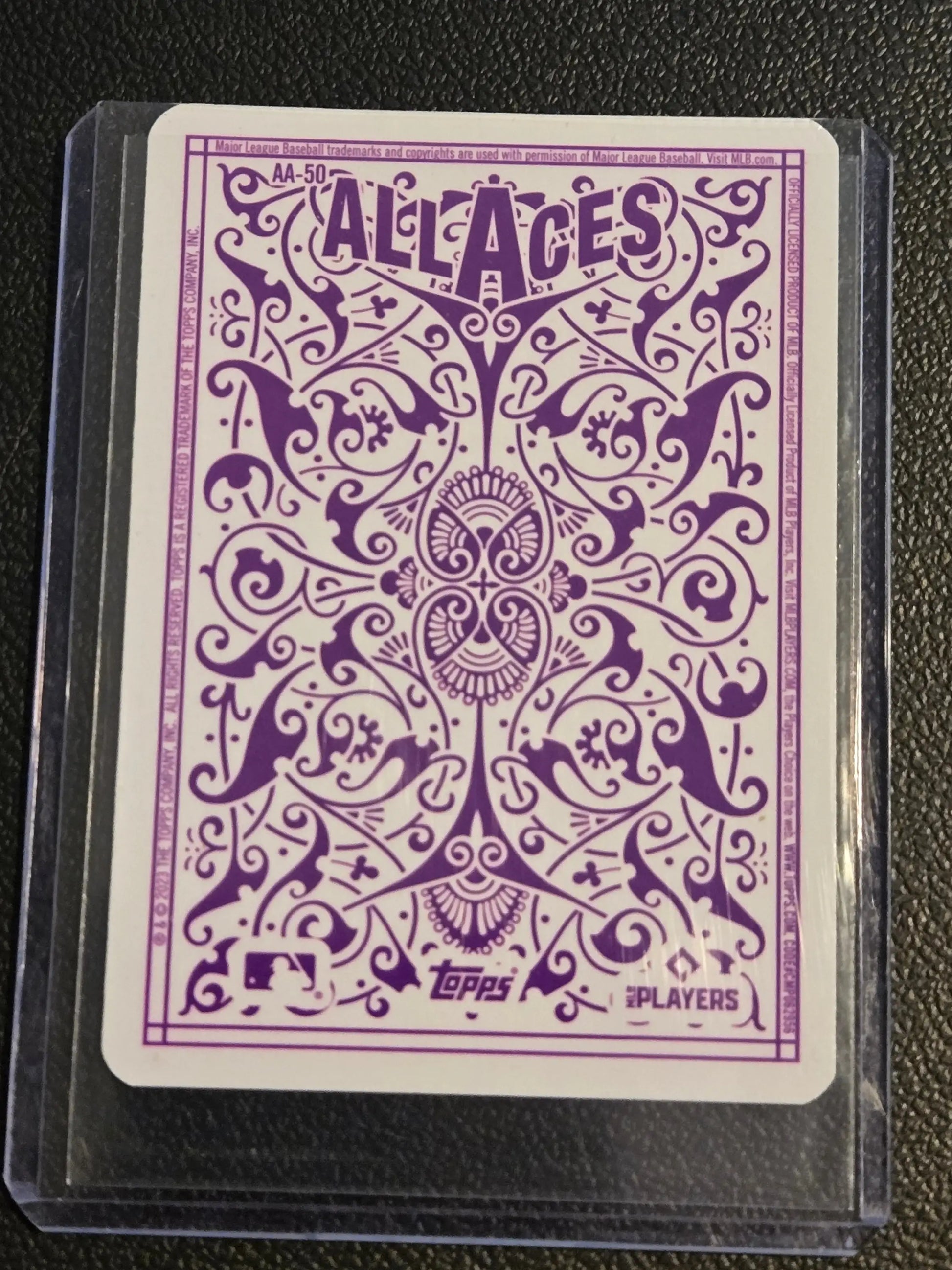 Purple-patterned playing card with ALL ACES text featuring Kevin Gausman from 2023 Topps