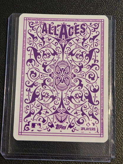 Purple-patterned playing card with ALL ACES text featuring Kevin Gausman from 2023 Topps