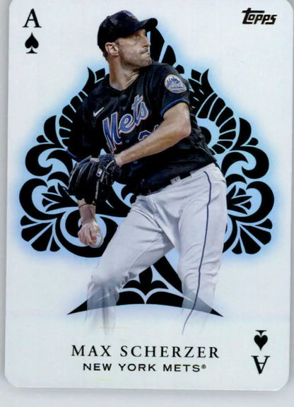 Max Scherzer New York Mets baseball card in pitching pose with ace of spades design