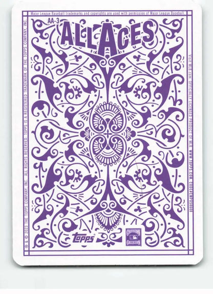 Purple and white decorative baseball card featuring Greg Maddux from the Atlanta Braves