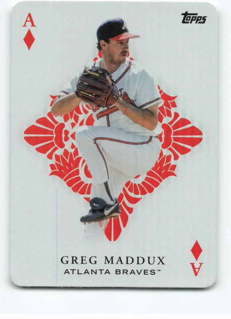 Baseball card of Greg Maddux in white Atlanta Braves uniform with red diamond border