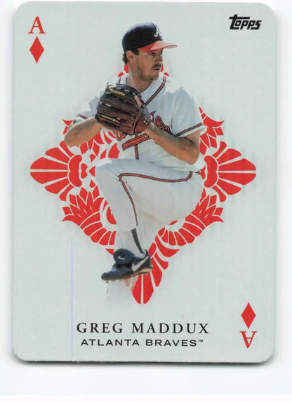 Baseball card of Greg Maddux in white Atlanta Braves uniform with red diamond border