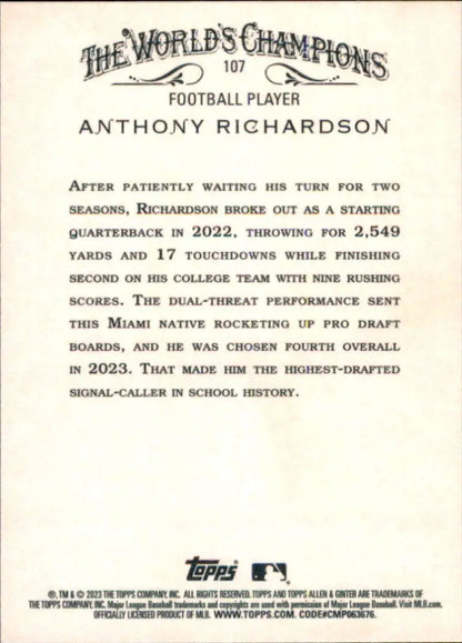 Topps Allen and Ginter 2023 Anthony Richardson Baseball Card with career statistics