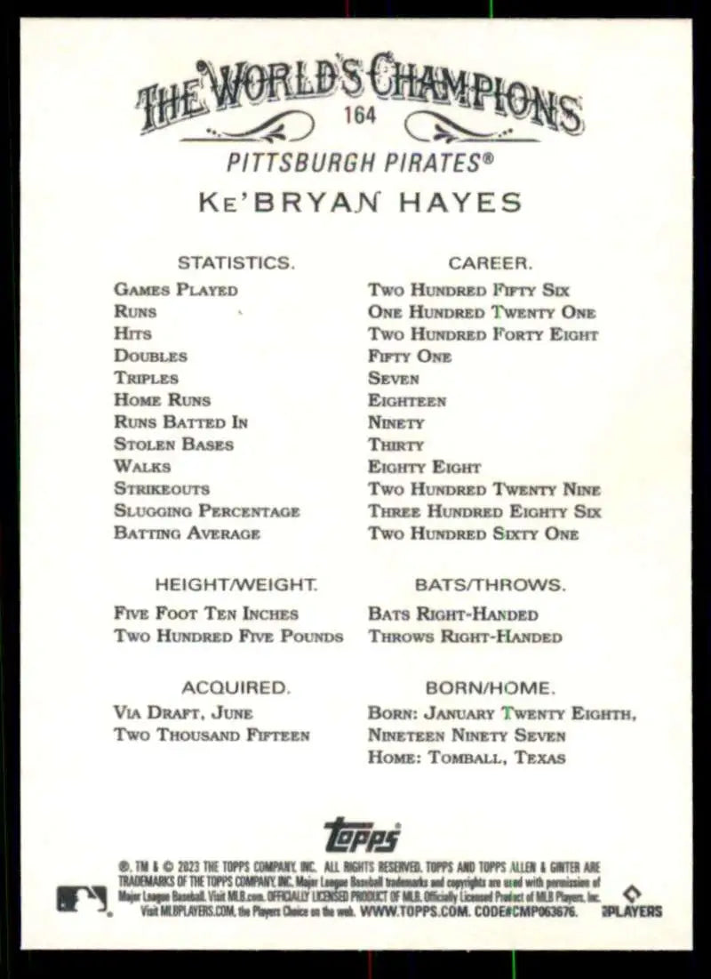 Baseball card featuring Ke’Bryan Hayes statistics for Pittsburgh Pirates Topps Allen and Ginter
