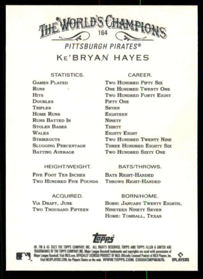 Baseball card featuring Ke’Bryan Hayes statistics for Pittsburgh Pirates Topps Allen and Ginter