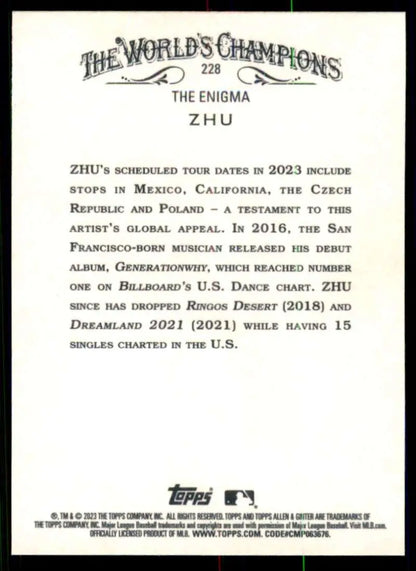 Baseball card featuring ZHU tour dates from 2023 Topps Allen and Ginter #228 NM-MT