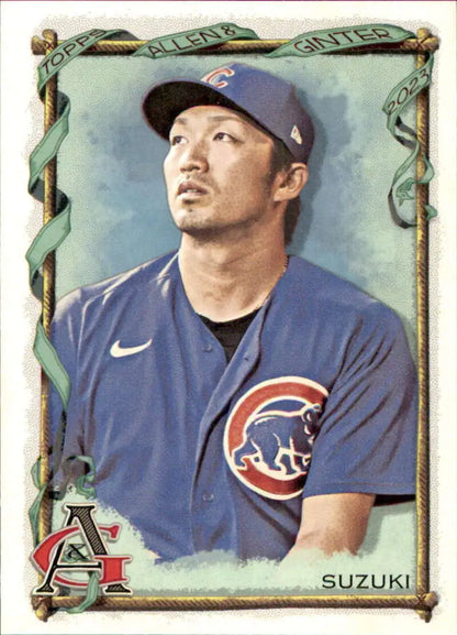 Baseball card of Seiya Suzuki in blue Nike jersey for Chicago Cubs 2023 Topps Allen and Ginter