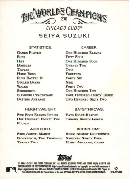 Seiya Suzuki Chicago Cubs baseball card displaying career statistics and information