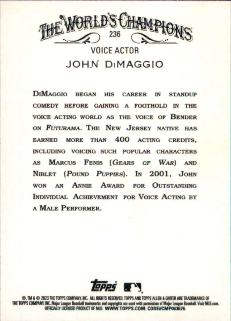 Baseball card featuring John DiMaggio’s career achievements from Topps Allen and Ginter