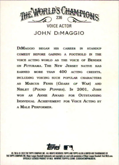 Baseball card featuring John DiMaggio’s career achievements from Topps Allen and Ginter