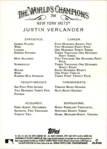 Justin Verlander baseball card back with original gloss from 2023 Topps Allen and Ginter