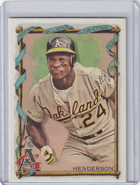 Baseball card of Rickey Henderson Oakland Athletics in jersey number 24 Topps Allen Ginter