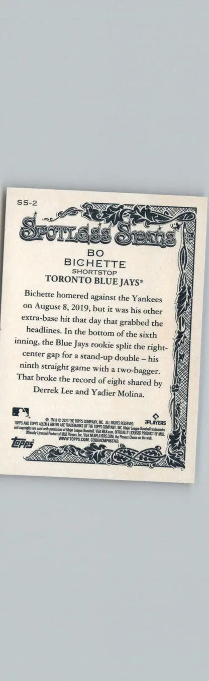 Bo Bichette baseball card featuring Toronto Blue Jays in the 2023 Topps Allen & Ginter collection