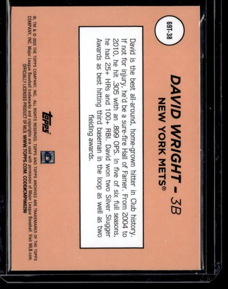 Baseball card back featuring text on salmon background for David Wright Topps Archives