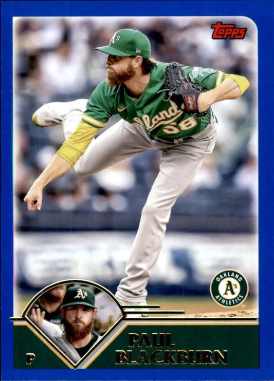 Paul Blackburn pitching in green and white uniform on Oakland Athletics Baseball Card