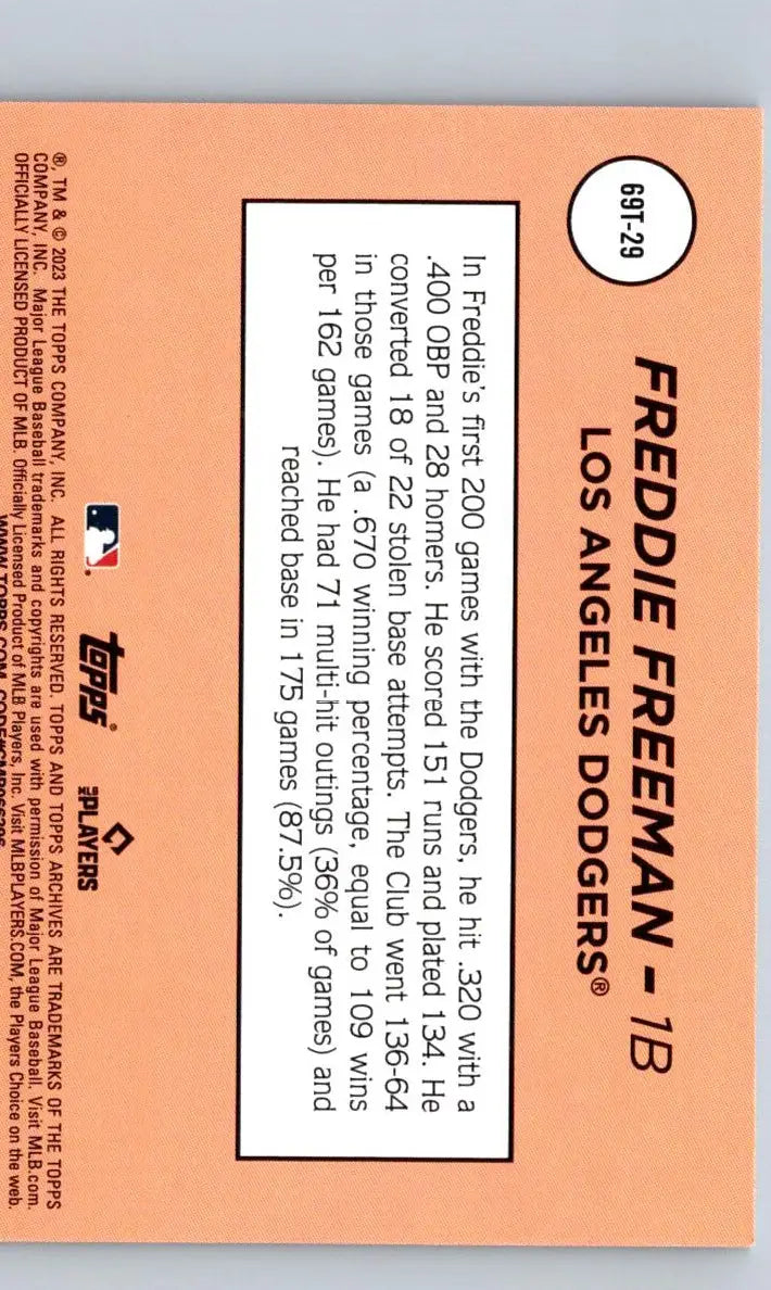 Baseball card back featuring Freddie Freeman from 2023 Topps Archives Single Player Foil