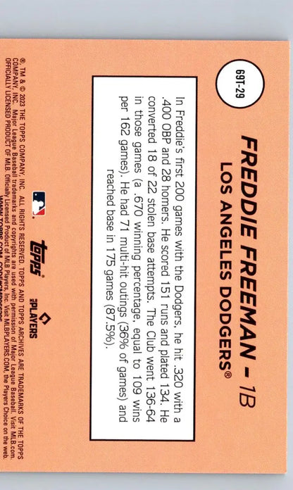 Baseball card back featuring Freddie Freeman from 2023 Topps Archives Single Player Foil