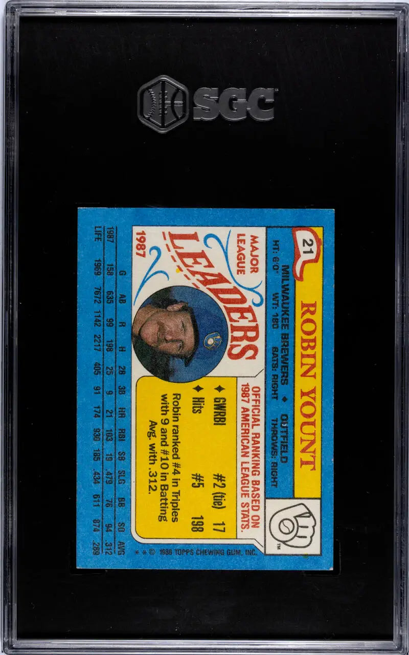Graded Milwaukee Brewers Robin Yount baseball card in black holder with blue and yellow design