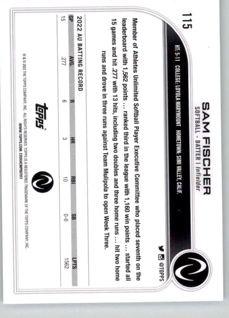 Black and white Sam Fischer trading card from Topps Athletes Unlimited collection