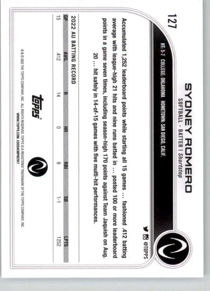 Black and white trading card featuring Sydney Romero from Topps Athletes Unlimited Softball
