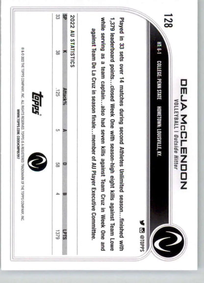 Black and white Dela Medicion trading card featuring Deja McClendon Volleyball from Topps Athletes Unlimited