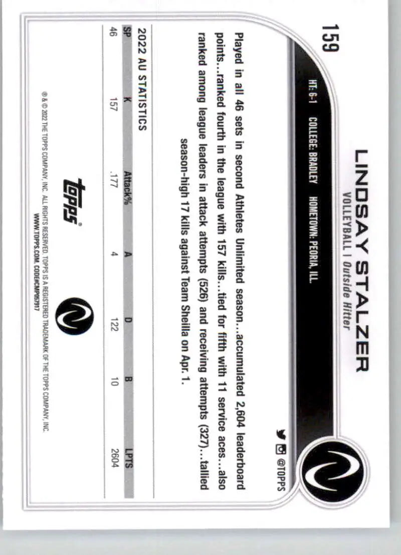 Black and white baseball trading card of Lindsay Stalzer from Topps Athletes Unlimited