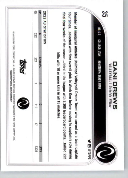 Dani Drews Volleyball Card from 2023 Topps Athletes Unlimited in black and white design